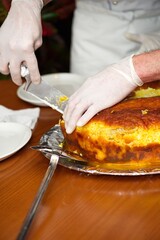 The cook is preparing a dish. Traditional Azerbaijani pilaf 