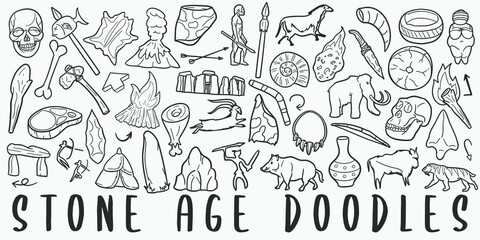 Fototapeta na wymiar Stone Age Doodle Line Art Illustration. Hand Drawn Vector Clip Art. Banner Set Logos.