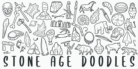 Stone Age Doodle Line Art Illustration. Hand Drawn Vector Clip Art. Banner Set Logos.