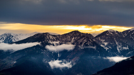 Fototapeta na wymiar sunset over the snow mountains in Himalayas