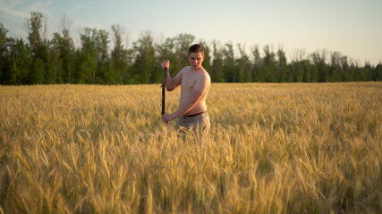 A young man without a shirt mows wheat scythe. A man in a field at sunset.