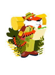 Vector illustration of a cartoon traveler. The tiger travels. Researcher. Wild animal. Cartoon tiger travels through the jungle with a backpack and a map. African animal.