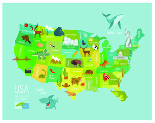 Vector map of North America with animals and landmarks. States Statue of Liberty. White House. USA.
