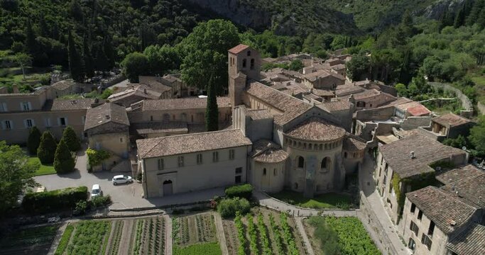 Saint-Guilhem-le-D&eacute;sert aerial back travelling, H&eacute;rault, labelled Les Plus Beaux Villages de France