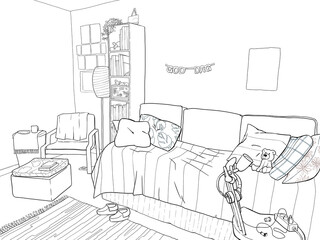 line drawing of a modern studio apartment