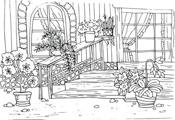 coloring freehand drawing porch yard garden vector outline black and white