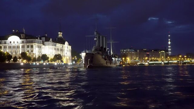 Night view from a boat on the Communist relic, the cruiser Aurora