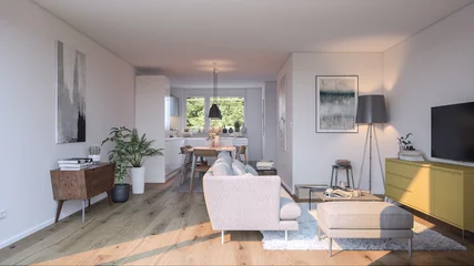 Foto op Plexiglas look inside modern european apartment with sofa, kitchen and oak wooden floor - 3d rendering © Christian Hillebrand
