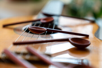 Music notes made from wood. Hand made spoon stock photo