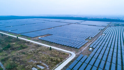 Aerial photography of modern large-scale photovoltaic solar panels.
