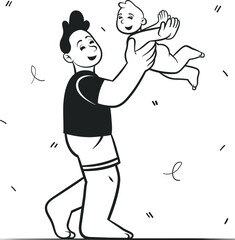 Dad playing with child. Man in a black t-shirt. Little baby. Isolated sketch object. Flat vector illustration.
