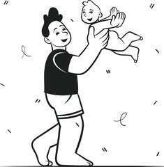 Fototapeta premium Dad playing with child. Man in a black t-shirt. Little baby. Isolated sketch object. Flat vector illustration.