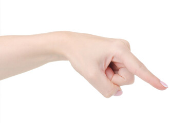 Woman hand showing pointing on white background isolation