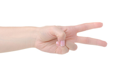 Woman hand showing peace two finger on white background isolation