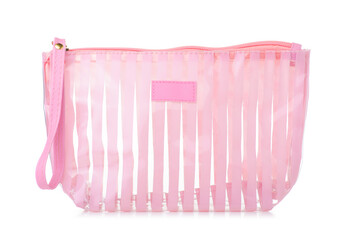 Empty pink silicone cosmetic bag on white background isolation