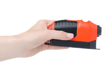 Hand holding laser building level on white background isolation