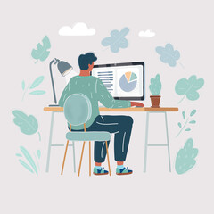 Vector illustration of Young manager sitting at desk in bright office, working. Rear veiw. Office or homework prosses.