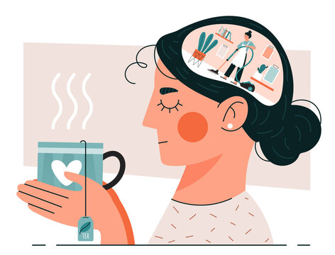 Woman having Cleansing Thoughts holding a cup of herbal tea as she meditates with a scene of a housewife vacuuming in her brain, colored vector illustration