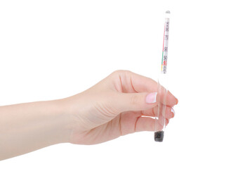 Hand holding glass alcohol meter for determining the amount of alcohol on white background isolation