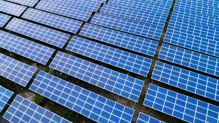 Detailed close-up of modern large photovoltaic solar panels.