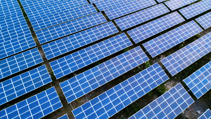 Detailed close-up of modern large photovoltaic solar panels.