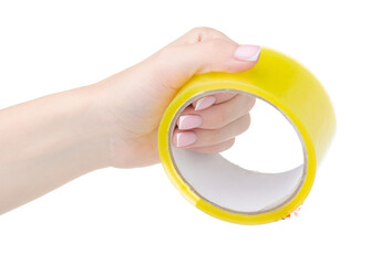 Hand holding Scotch tape on white background isolation