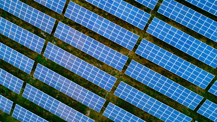 Detailed close-up of modern large photovoltaic solar panels.