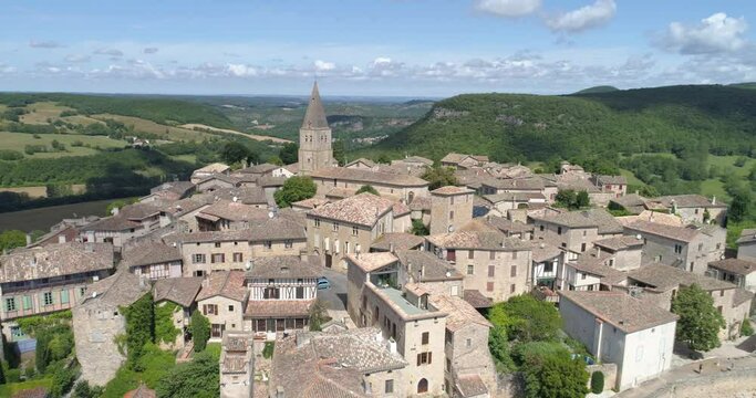 Puycelsi aerial back travelling, Tarn, labelled Les Plus Beaux Villages de France