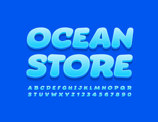 Vector blue logo Ocean Store. Comic style Font. Creative trendy Alphabet Letters and Numbers