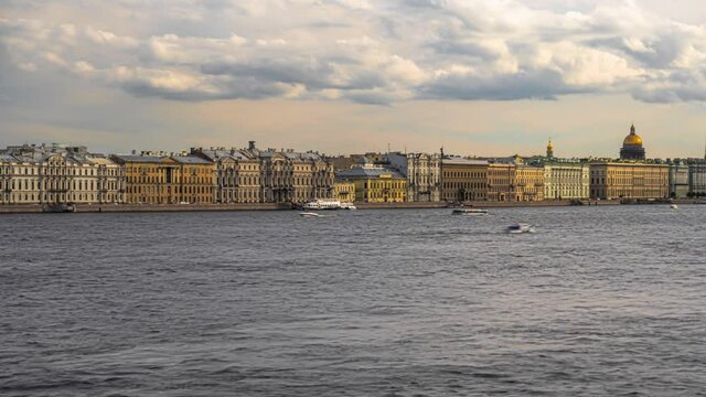 Saint Petersburg, view of the Bolshaya Neva, the Palace embankment and the movement of pleasure boats time lapse