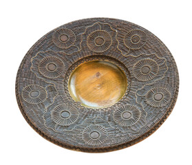 Antique wooden painted plates isolated on white background. Retro style. Vintage.