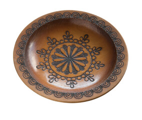 Antique wooden painted plates isolated on white background. Retro style. Vintage.