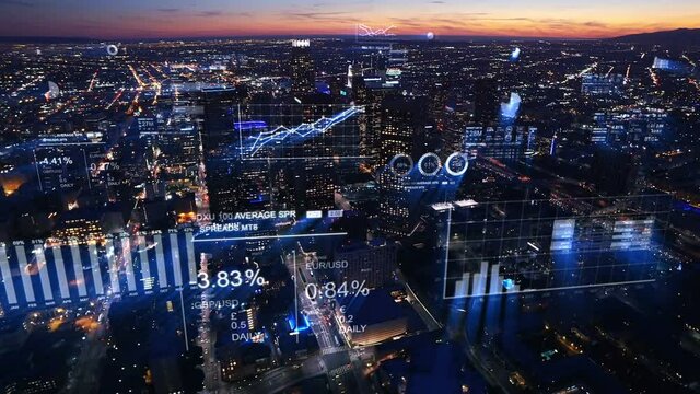Futuristic city skyline. Aerial view of Los Angeles with financial charts and data. Big data, Artificial intelligence, Internet of things, VR. Stock exchange figures.