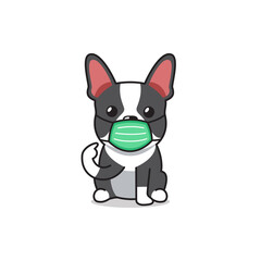 Cartoon character boston terrier dog wearing protective face mask for design.