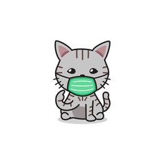 Cartoon character gray tabby cat wearing protective face mask for design.