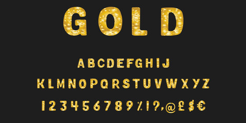 Golden gradient alphabet. Luxury and glossy bold abc set of letters, numbers and symbols for logos, badges, invitation, cards, posters and print, vector illustration