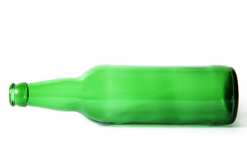 Glass bottle on a white background. Empty bottle. Green bottle on a clean background