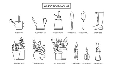 Gardening simple bw icon set. Contains Icons such as flowers, watering can, gloves, pot and much more