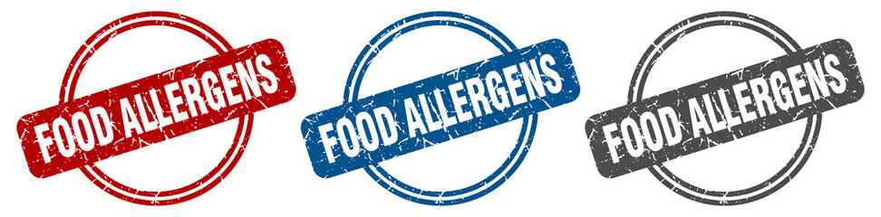 food allergens stamp. food allergens sign. food allergens label set - obrazy, fototapety, plakaty