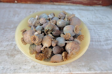 Yellow pastel bowl filled with poppy straw over a white marble sill