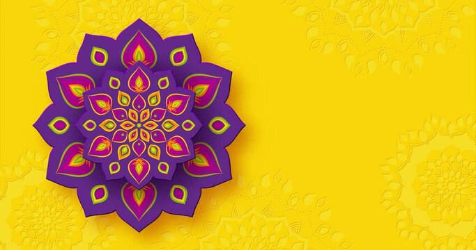 Rotating Indian Rangoli for Diwali festival of lights. Bright purple color on yellow background. Seamless 4K loop video animation.