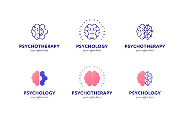 Psychology, psychotherapy and mental health care concept. Vector flat illustration set. Collection of logo template. Brain sign with gear wheel and dotted nerwork symbol. Design for web, logotype.