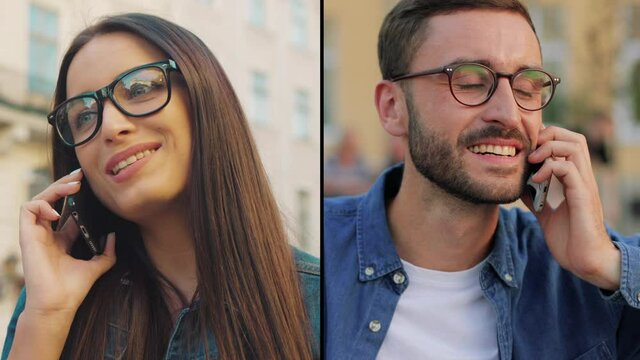 Collage of Caucasian man and woman talking on cellphones outdoor. Beautiful girl in glasess chatting on smartphone while walking in city. Handsome male speaking on phone on street Conversation concept