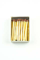 Open box of matches on a white background.