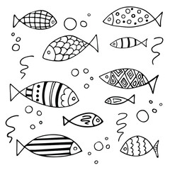 A set of fish. Blackly white outline. Vector image. Illustrator