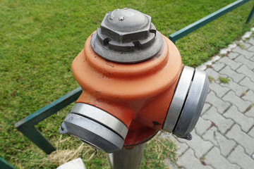 Close up orange water fire hydrant on green grass background