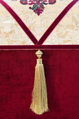 Tapestry chest with ornament, embroidery and patterns. Chest in oriental style and design.