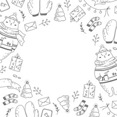 Doodle winter elements round frame on white. Christmas tree, balls, envelope, gift, socks, mittens, bear holding hot cup.