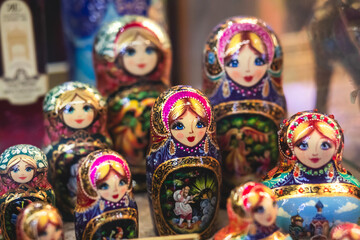 Wooden Nesting Dolls or Russian Matryoshka Dolls for sale in St Petersburg, Russia, Matryoshka dolls - traditional Russian souvenirs for foreign tourists