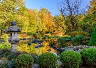 Sightseeing of Wroclaw, Poland. Picturesque Japanese garden in autumn